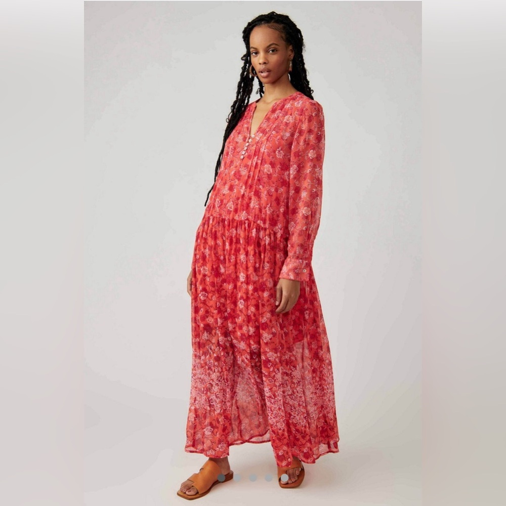 Free People See It Through Red Floral Long Sleeve Maxi Dress with Slip Dress